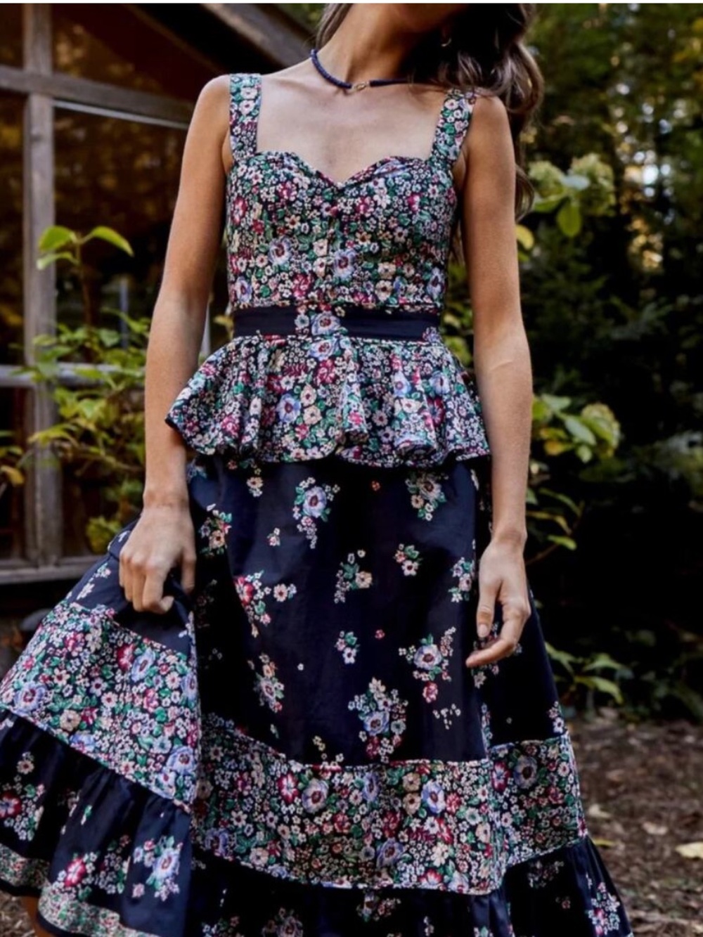 Hunter Bell Dress Lace Peplum Midi in Black Floral